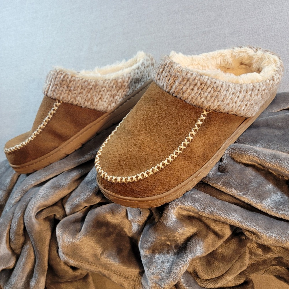 Dearfoams Slippers Womens Large 9-10 Brown Excellent Knit Trim Faux Fur Clogs
